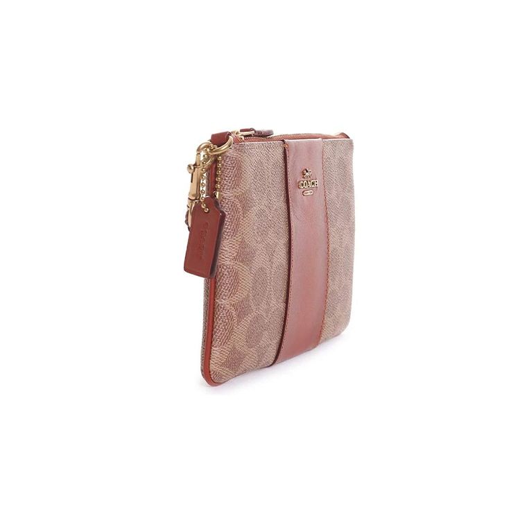 Coach Wristlet 19 Monogram Metal Logo Canvas And Leather Mahjong Bag Women Wristlet Red Brown 32445-B4NQ4