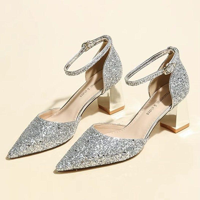 Sequins hollow word with single shoes high heels women's 2025 spring and summer new fashion thick heel high heel bag head sandals women