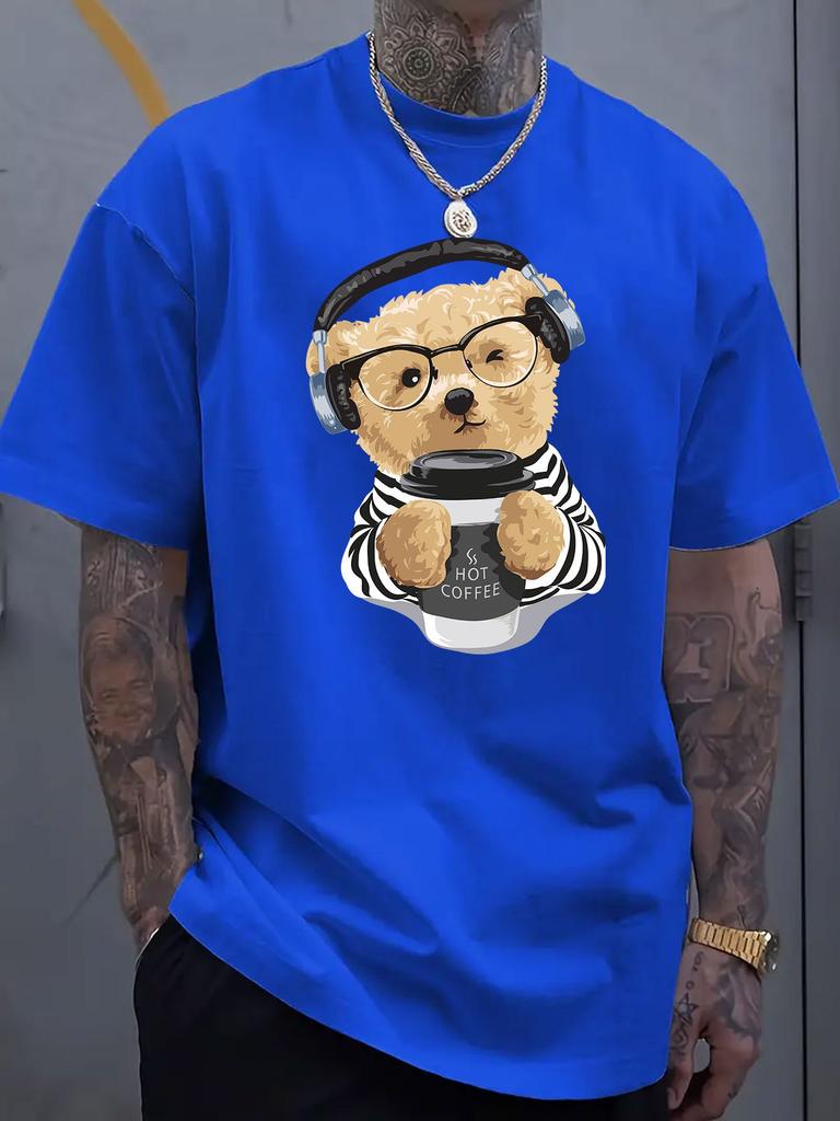 Cartoon Bear Graphic Print Men's Luxury Cotton Short Sleeved T-shirt Summer Unisex Men's and Women's Casual Loose Trendy