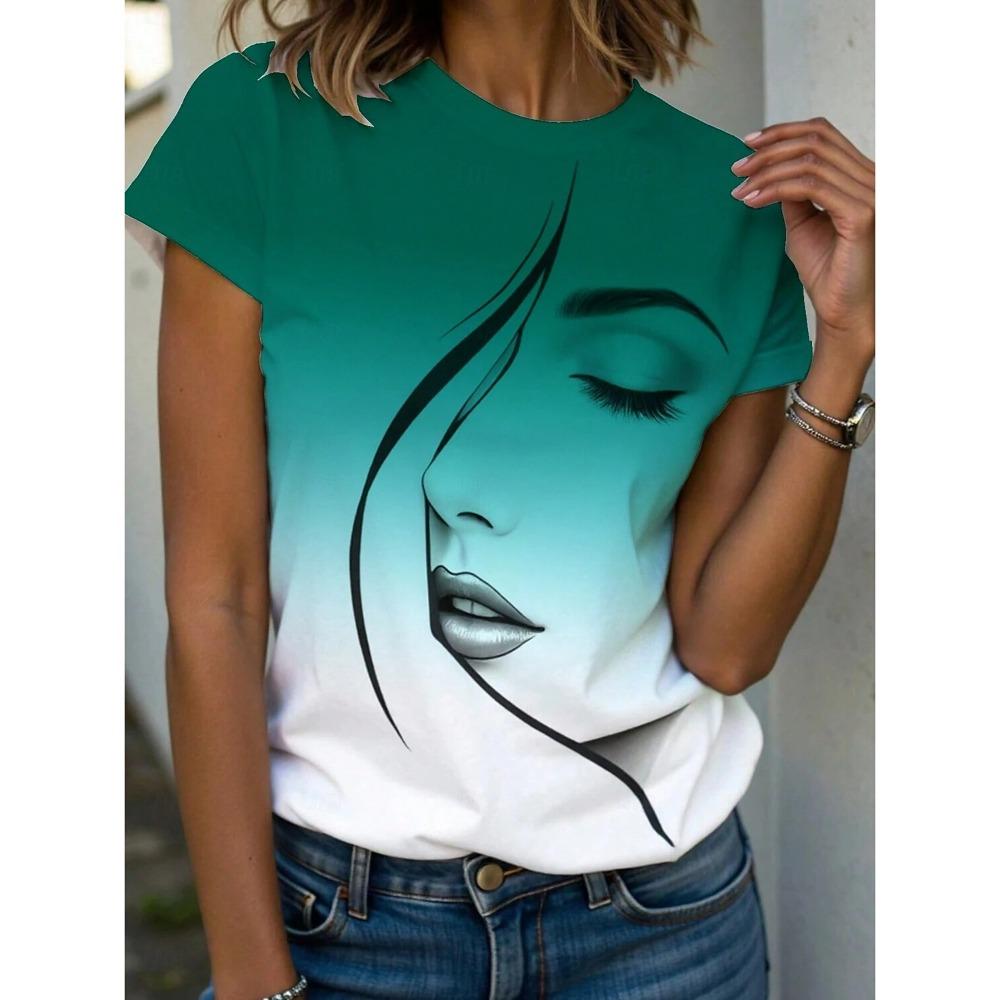 Women's Summer Fashion Y2K T-shirt, Elegant Abstract Print T-shirts, Classic Short Sleeve Round Neck T-shirts, Regular Round Neck T-shirts