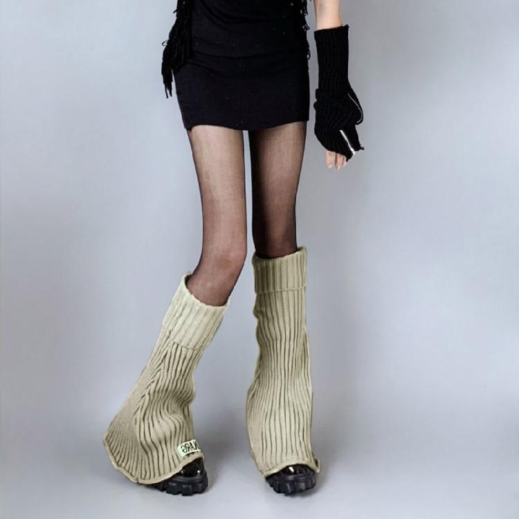 Harajuku Women Lolita Flared Leg Warmer Rib Knit Striped Letters Knee High Socks
