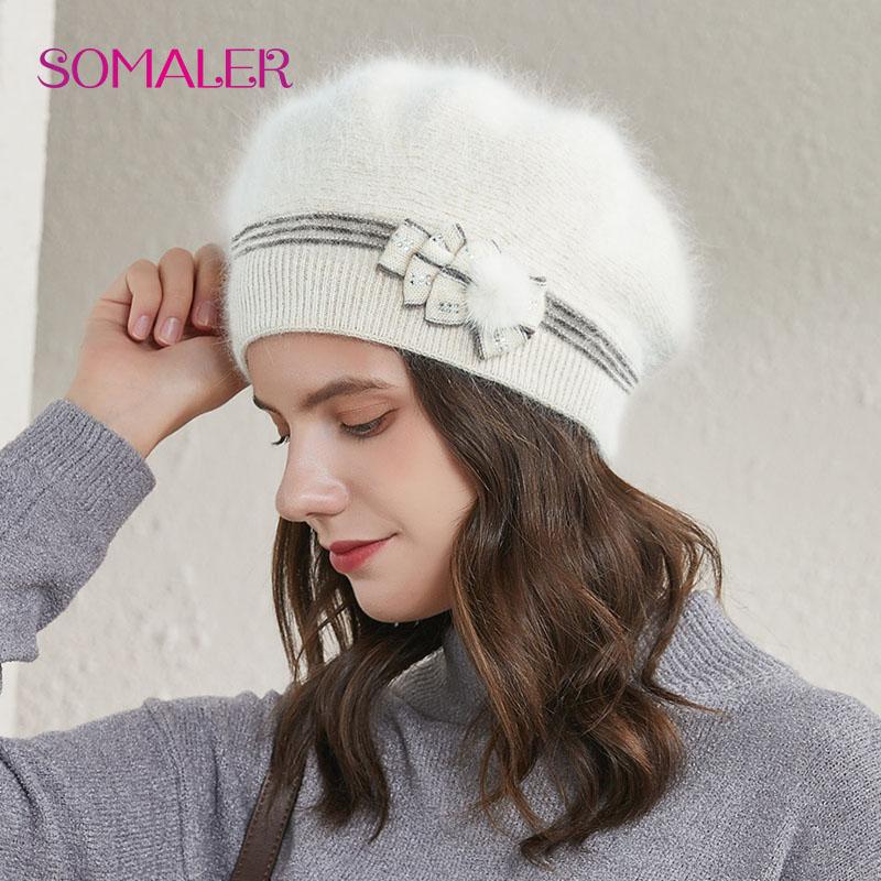 SOMALER Cashmere Winter Beret Hats for Women Knitted Middle-aged Lady Caps Bowknot Decoration On Side