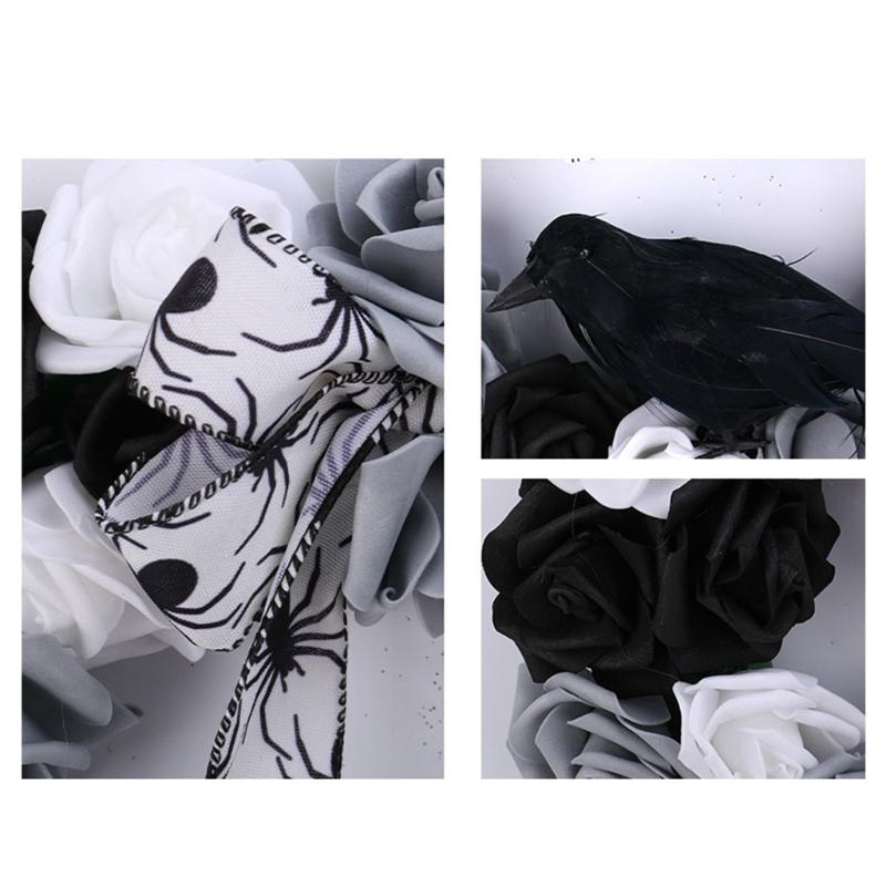 Black and White Rose Crow Front Door Wreath Halloween Decorative Wreath For Home Party Festival Porch Decoration