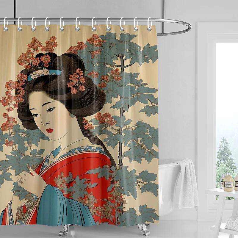 Japanese-style Gogi Retro Character Printed Shower Curtain Fading-resistant Bathroom Partition Curtain for Hotel Home Decoration