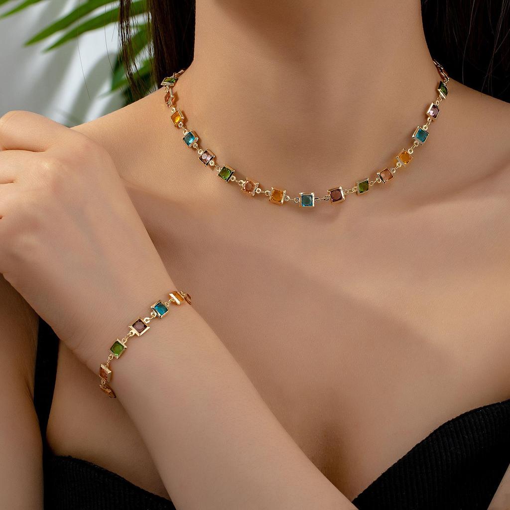 Luxury Colorful Crystal Square Necklace & Bracelet Set