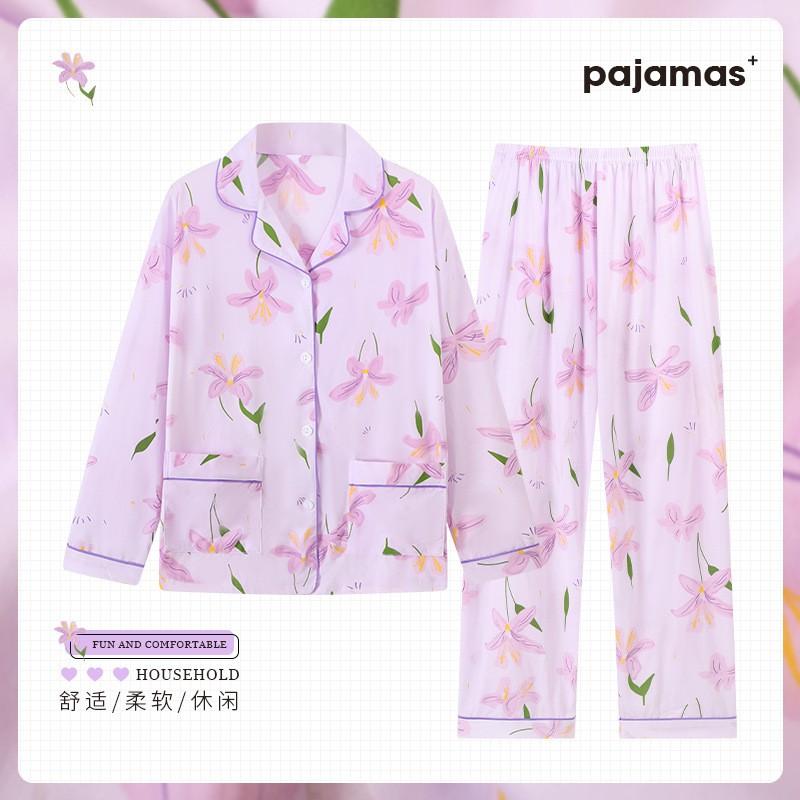 Womens Long Sleeve Pajama Set Faux Cotton Loungewear Ladies Thin Breathable Sleepwear Casual Home Wear