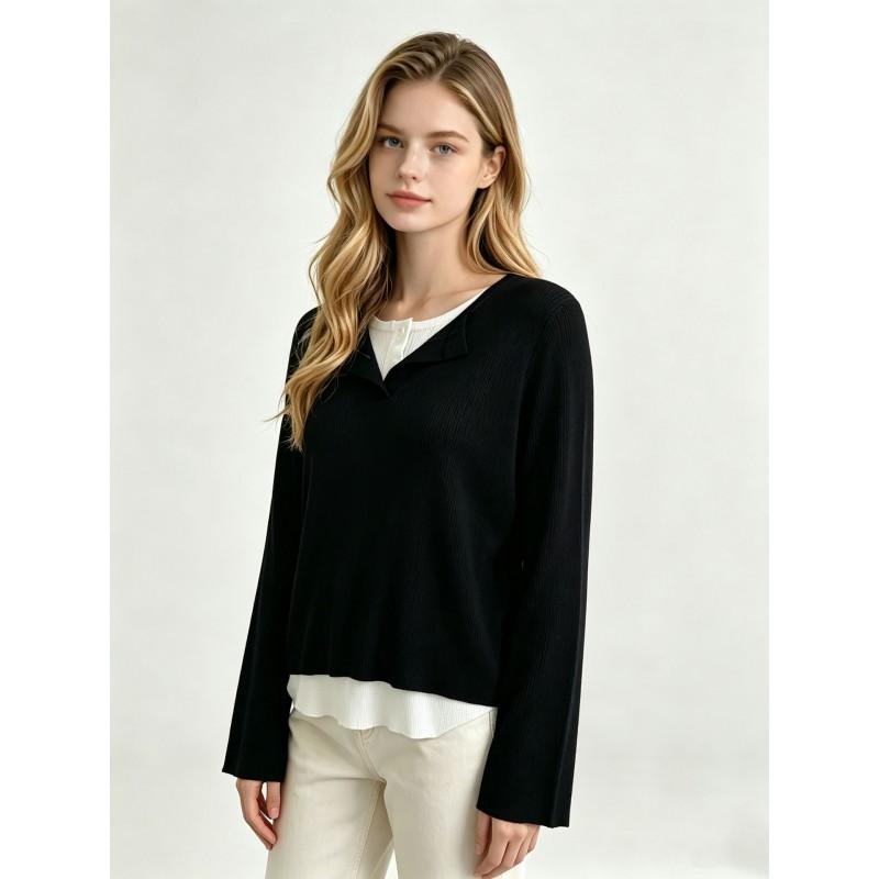 Womens Striped Knit Top Long Sleeve Slim Fit Pullover Tee With Mock Layer Design