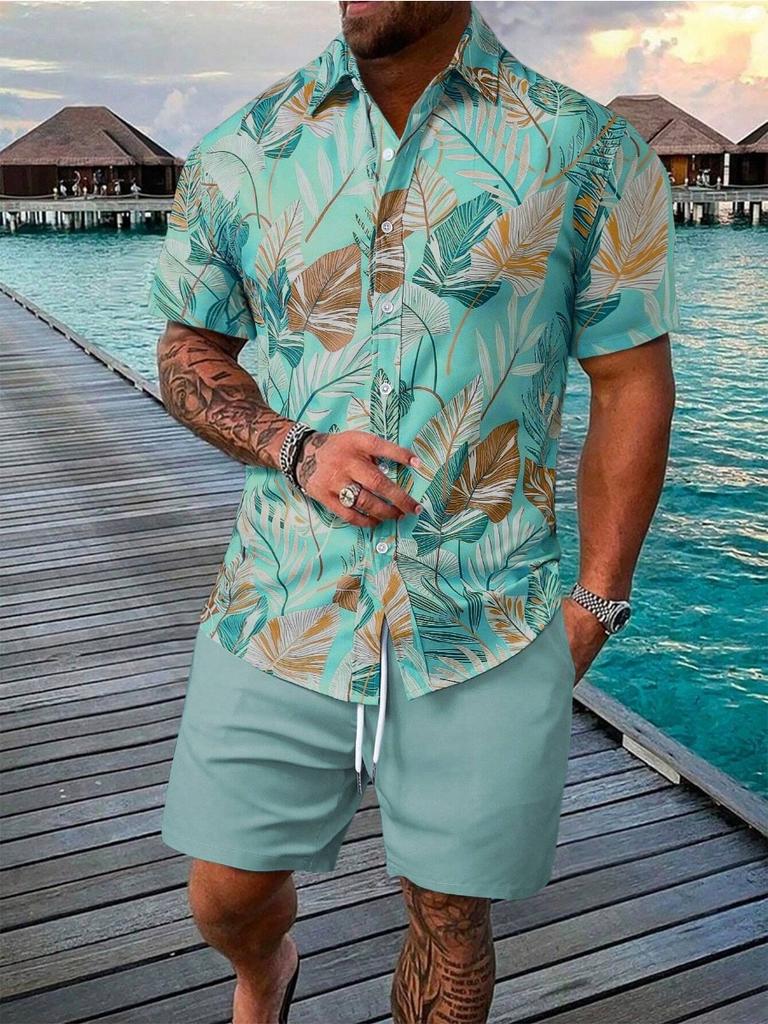 Sommer Strand 2-teiliges Hemd Set Herren Lässig Tropischer Print Kurzarmhemd Und Shorts Set Tropisches Hemd Herren Urlaubs Sets