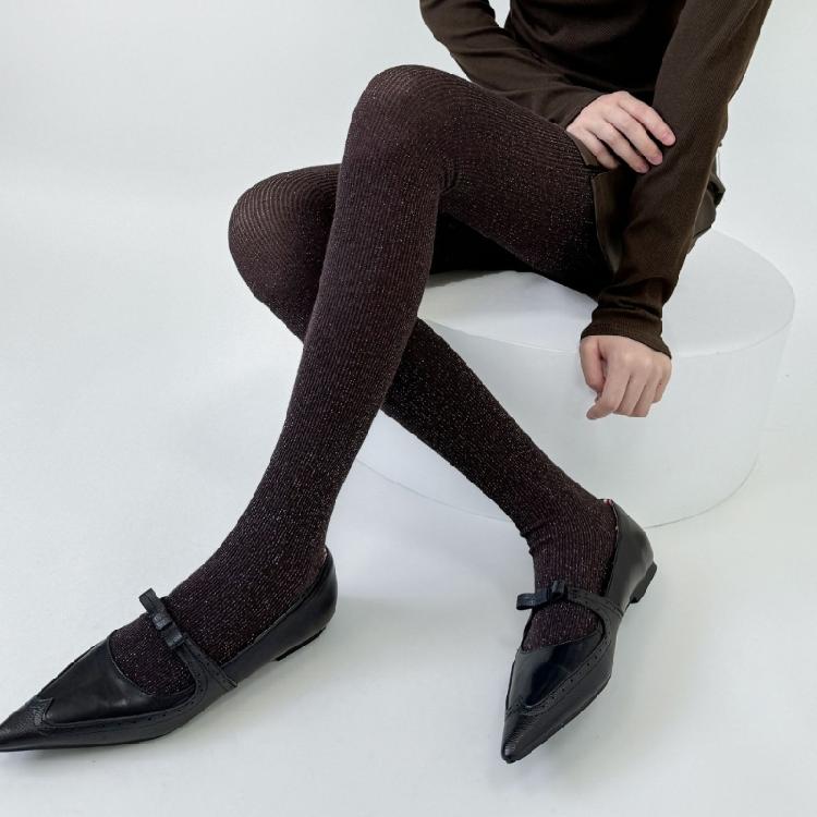 Women Vintage Shimmering Ribbed Striped Opaque Pantyhose 90s Winter Fall Basic Bottoming Tights Stockings Leggings