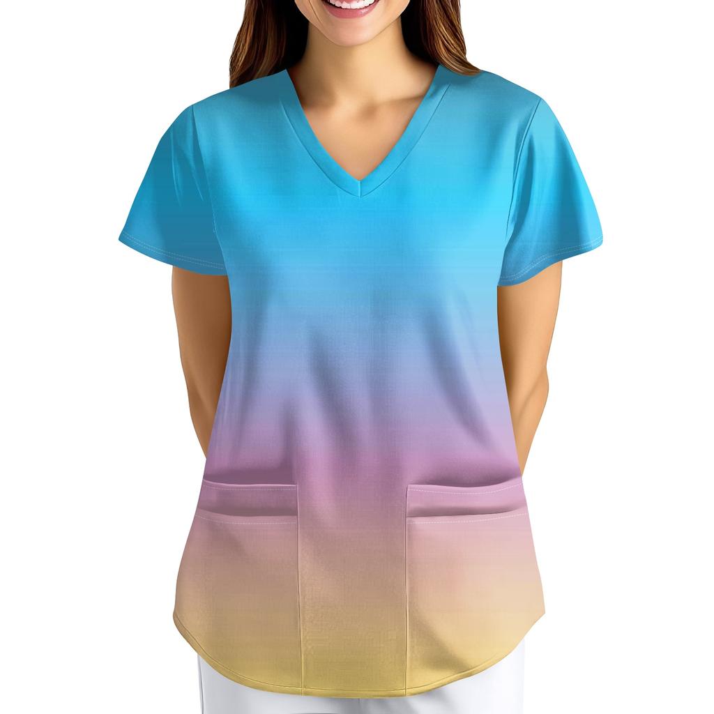 ÜbergrößeBedruckte Kasack Arbeitsuniform Oberteile für Damen V-Ausschnitt mit Überkreuzung Print Kurzarm Lustige T-Shirts Arbeitskleidung T-Shirt mit Taschen