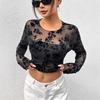 Independent Station Women's Black Sexy Mesh Round Neck Long-sleeved T-shirt Tops Women Versatile Closet Essential Fashion Items Shirt