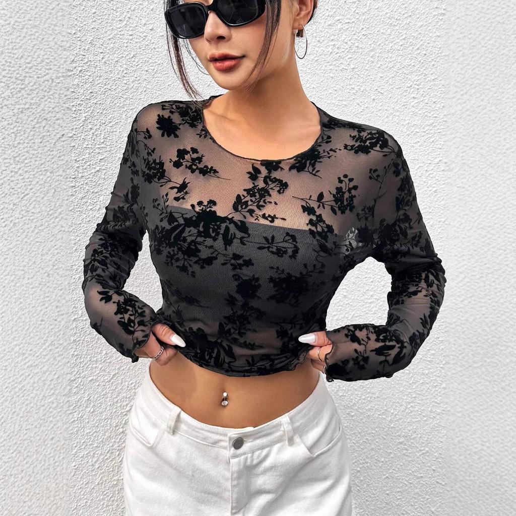 Independent Station Women's Black Sexy Mesh Round Neck Long-sleeved T-shirt Tops Women Versatile Closet Essential Fashion Items Shirt