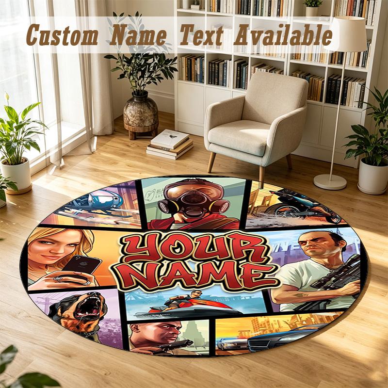 Round Rug Custom NameGTA Pattern Non Slip Carpet Home Floor Decor