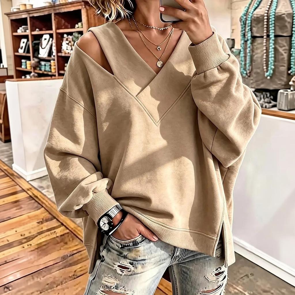Women's V-Neck Long Sleeve Sweatshirt Color Casual Pullover Top