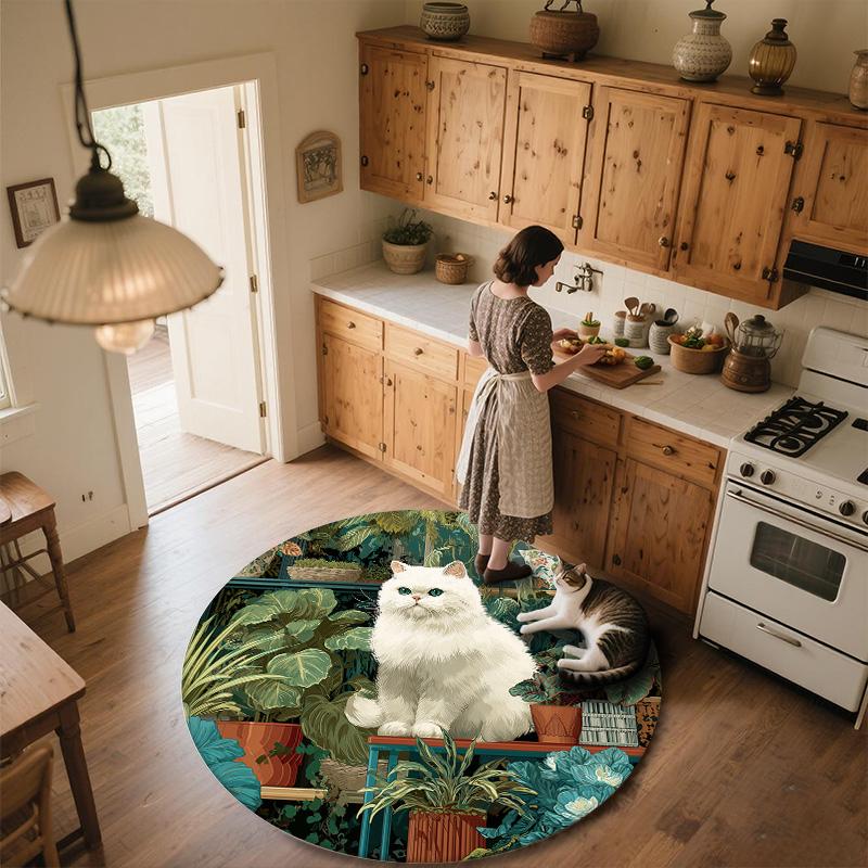 Plant Cat,Round Area Rug,Carpet Rug for Living Room Bedroom Sofa Playroom Decor,Non-slip Floor Mat