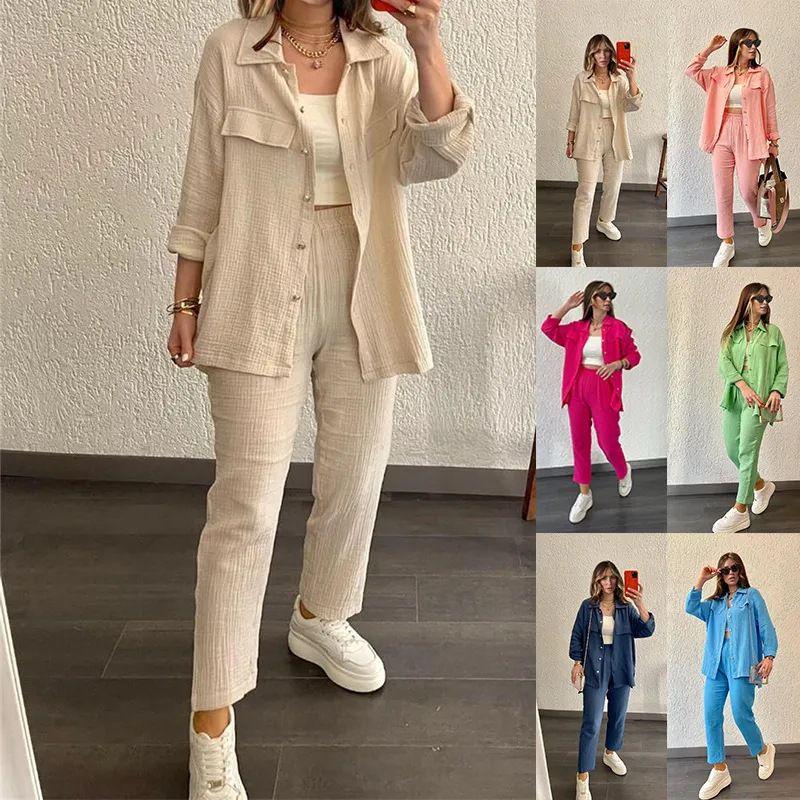 2024 Plus Size Women's Casual Crepe Loose Lapel Long Sleeve Shirt Set - European & American Style