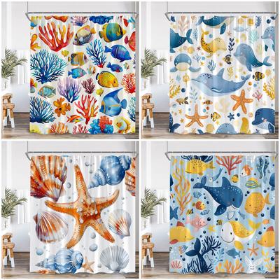Cartoon Ocean Animals Kids Shower Curtains Tropical Fishes Coral Starfish Shell Bathroom Decorations Funny Children Bath Curtain