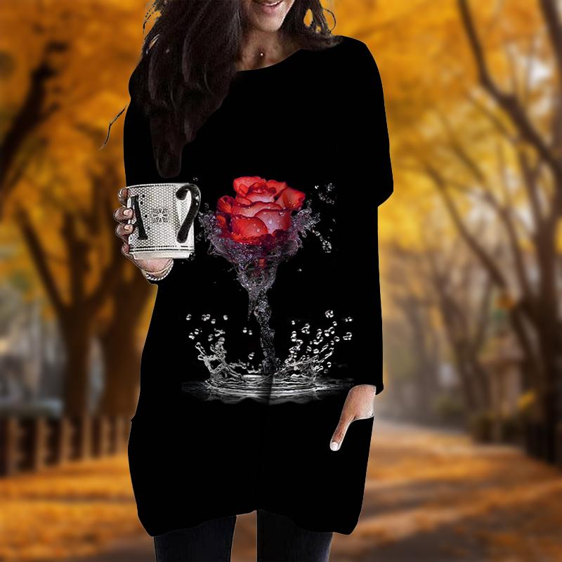 

Новинка осени с принтом водяной розы и большими размерами платье для женщин с круглым вырезом и длинными рукавами повседневные платья с карманами 8XL красный