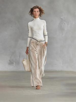 Women's Autumn Winter Fashion Casual Sports Set Korean Velvet Long Sleeve Solid Color High Neck Zipper Wide Leg Pants