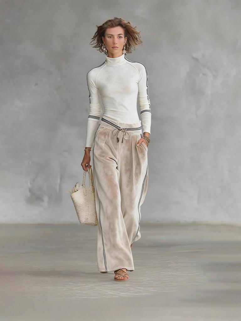 Women's Autumn Winter Fashion Casual Sports Set Korean Velvet Long Sleeve Solid Color High Neck Zipper Wide Leg Pants