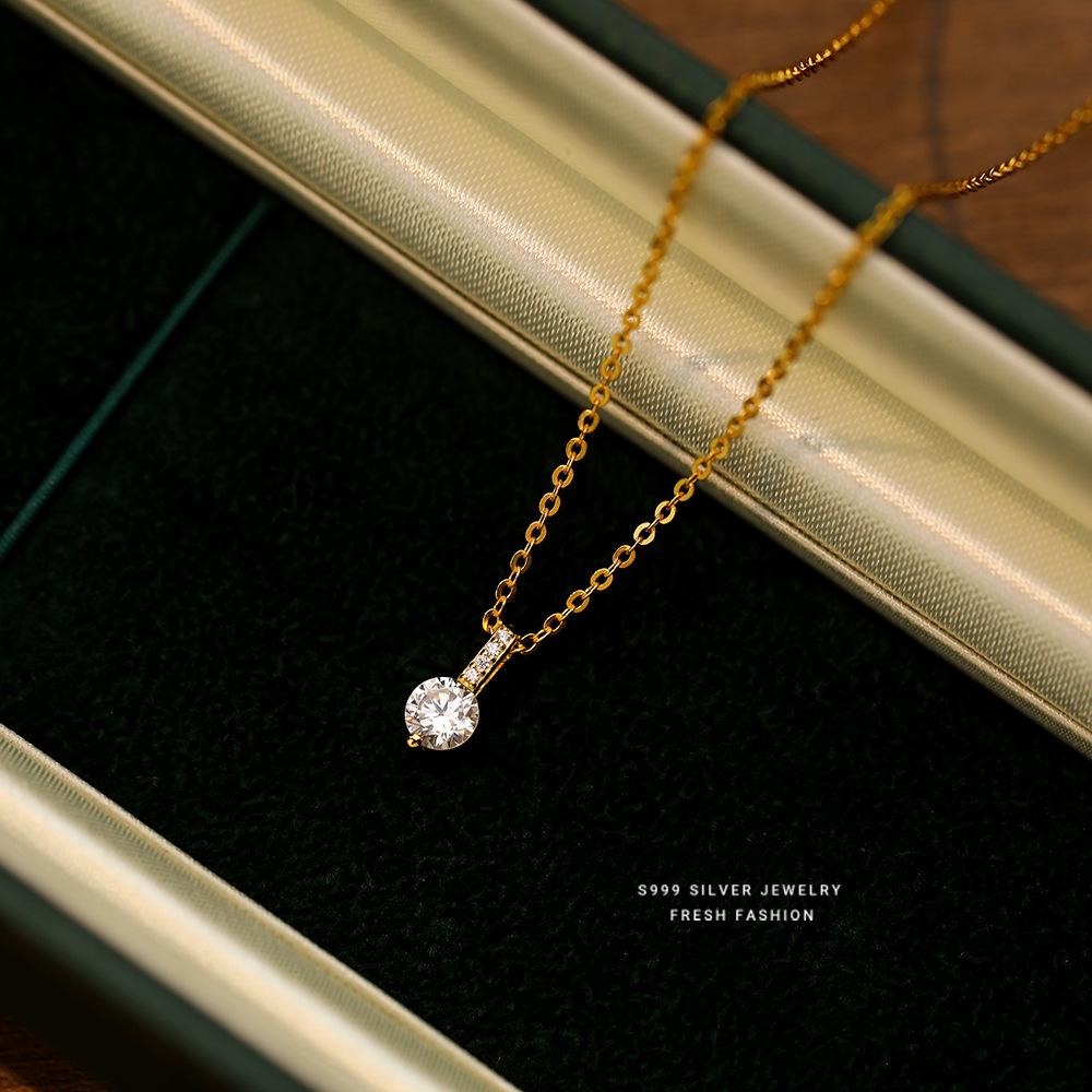 Real 999 Sterling Silver Necklace Korean Shiny Zircon Geometric Pendant for Women Wedding Party Fine S925 Jewelry золотой