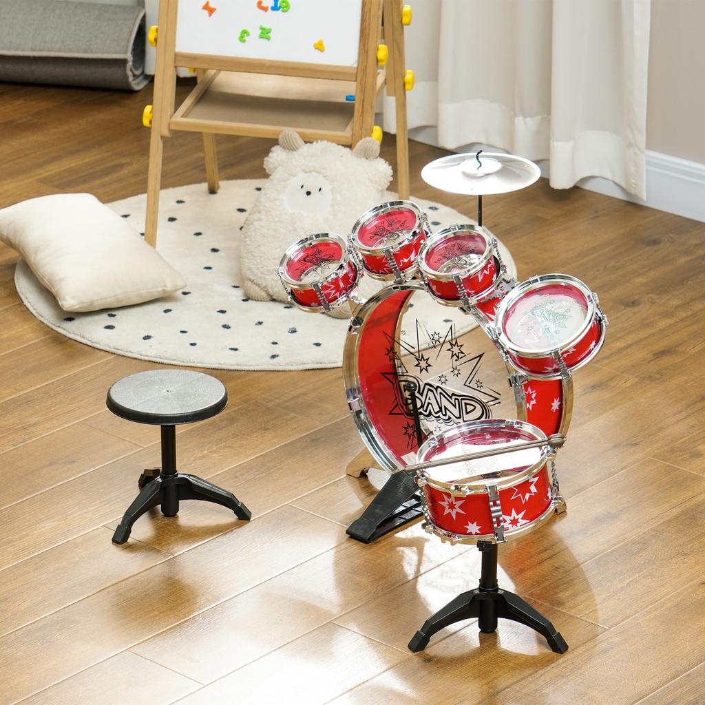 Drum Set for Children +3 Years with Drums, Bass Drum, Cymbal, Pedal and Drumsticks Star Theme Design 65x22x57 cm Red