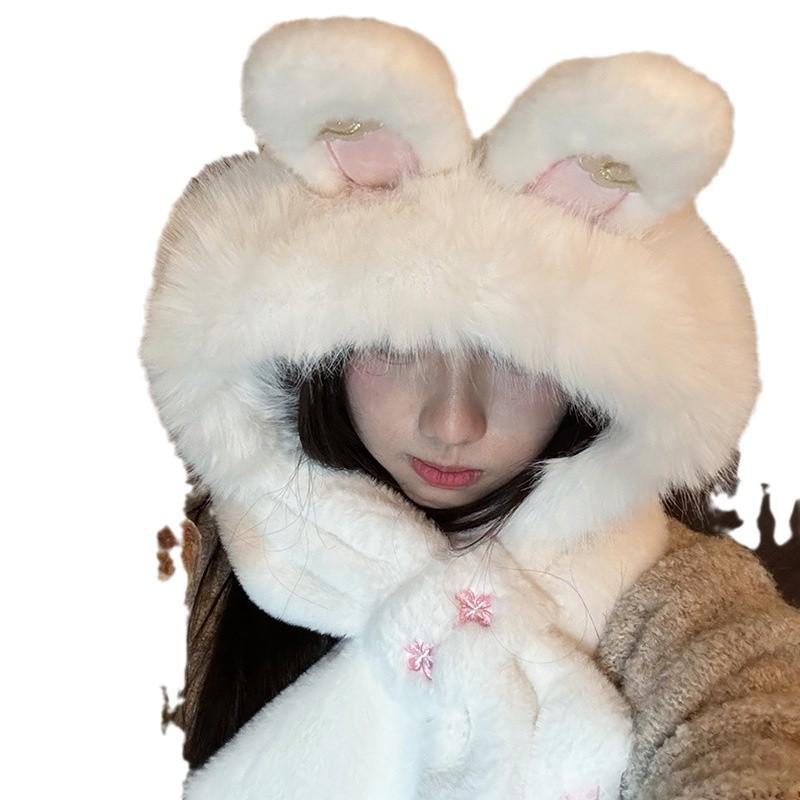 Plush Rabbit Hat and Scarf for Women In One Winter New Cute Warm Scarf Versatile Ear Protection Lei Feng Hat