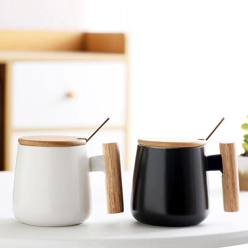 Nordic Ceramic Mug with Lid & Spoon - Wooden Handle, Ideal for Coffee, Office, or Gift with Logo Print.