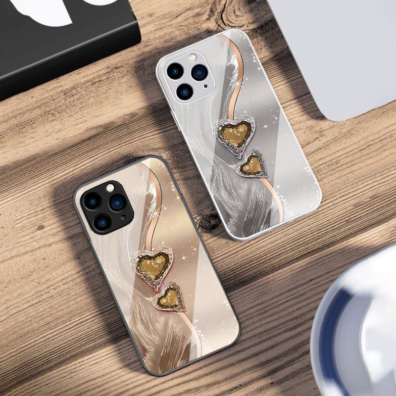 Amber Double Love Für IPhone 16 Pro Max 15 Pro 14 13 12 Mini 11 XS Max XR 7 8 Plu SE 2022 Hartglas Handyhülle