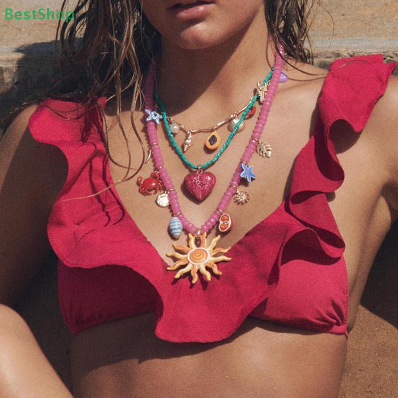 Colorful Resin Beaded Charms Necklaces 3Pcs/Set for Women Summer Ocean Vacation Style Beach Party Jewelry Neck Accessories