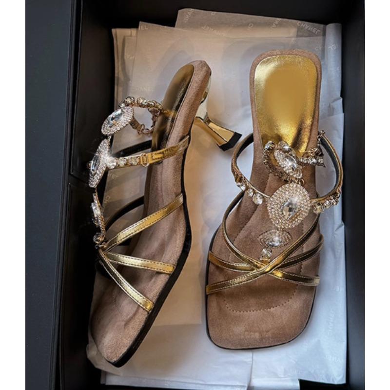 

Romantic bohemian, retro exotic rhinestone chain high heel sandals women s thin heel light luxury high ji feeling 34 темно-коричневого