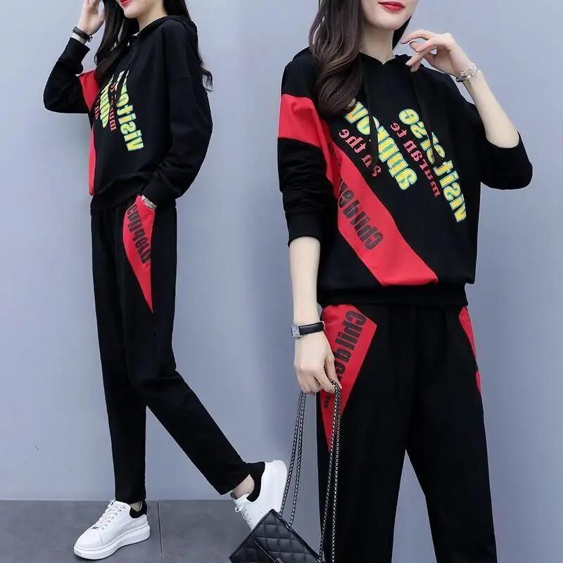 Women's Autumn Winter Sporty Plush Hooded Sweatshirt Pants Two Piece Sets Lady Casual Cool Black Letter Tops Trousers Suits