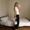 Blusa de Mujer con Mangas Abullonadas Elegante Detalle de Perlas Cuello Alto Botones Crop Top Vintage Oficina Casual