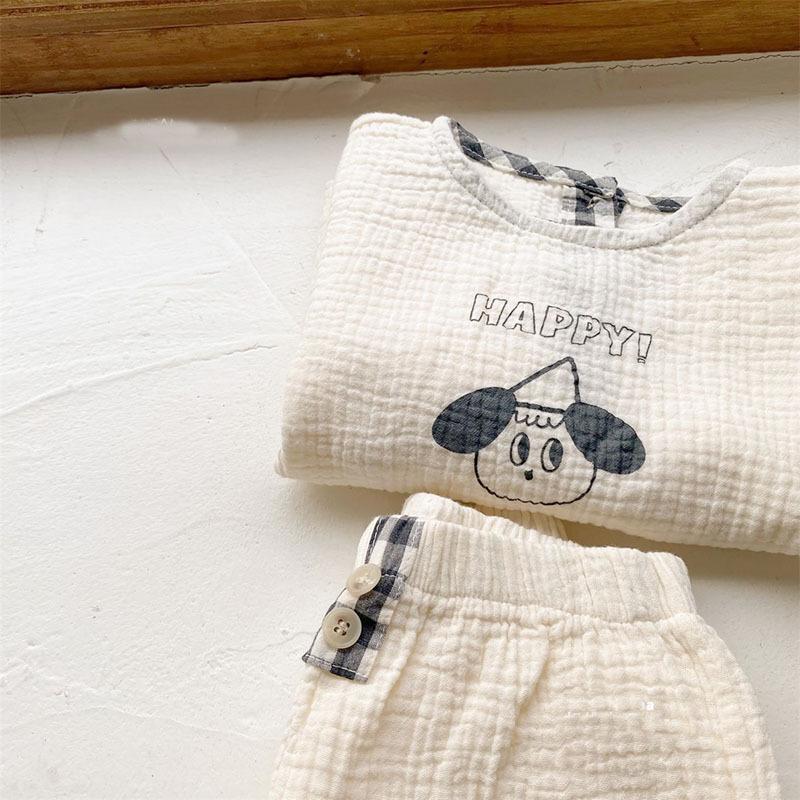 Baby Cotton Linen Clothes Set Plaid Cartoon Casual Tops + Pants 2pcs Baby Set Cute Boy Girls Comfortable Infant Outfits
