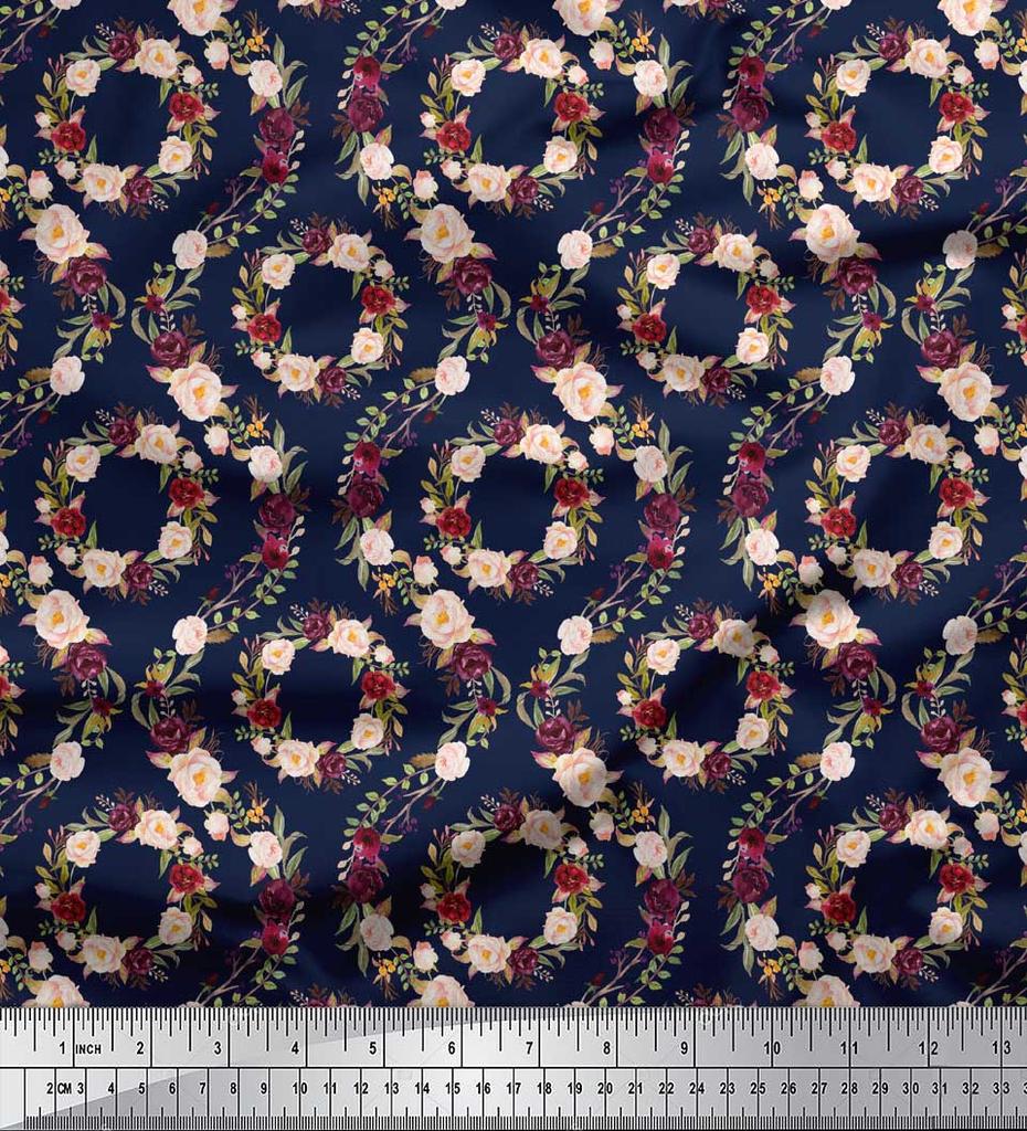 Soimoi Modrá poly krepová látka damaškový květinový potisk látka na metr 42 palců