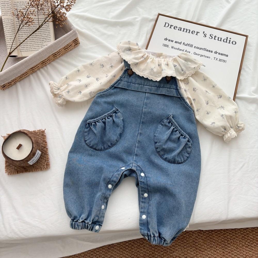 Baby Girl Spring Fall Denim Overalls Set With Cotton Fabric For Toddler Girls