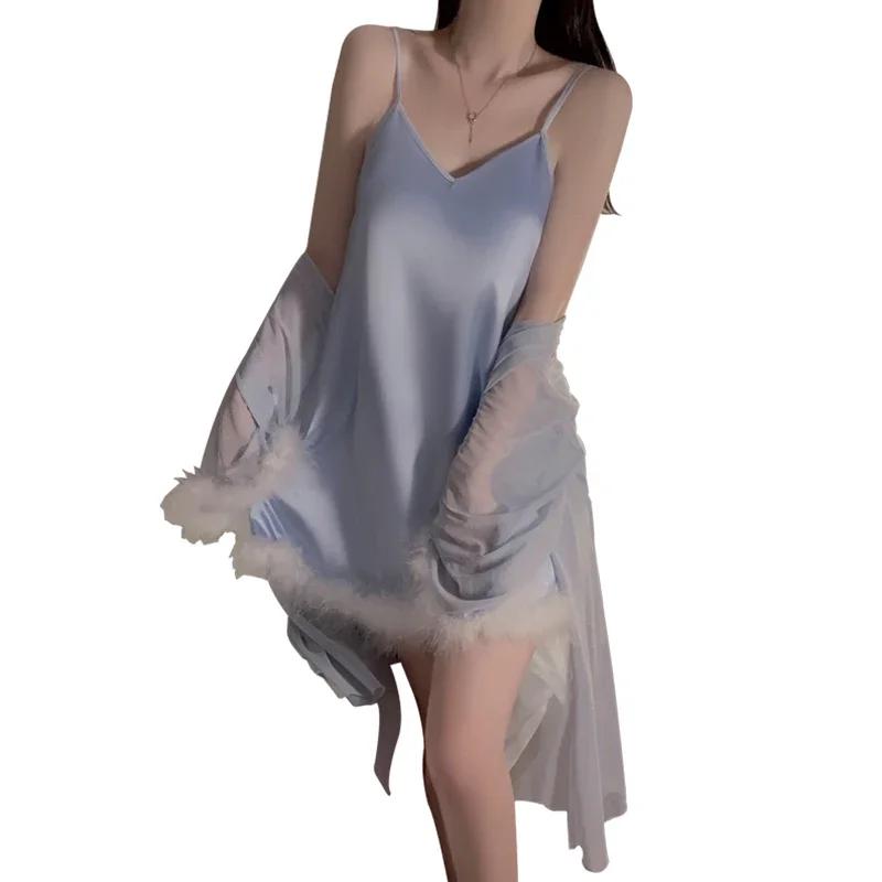 Summer Pajama Set Women's Feather Hem Cuffs Bra Short Skirt Sexy Women's Dress