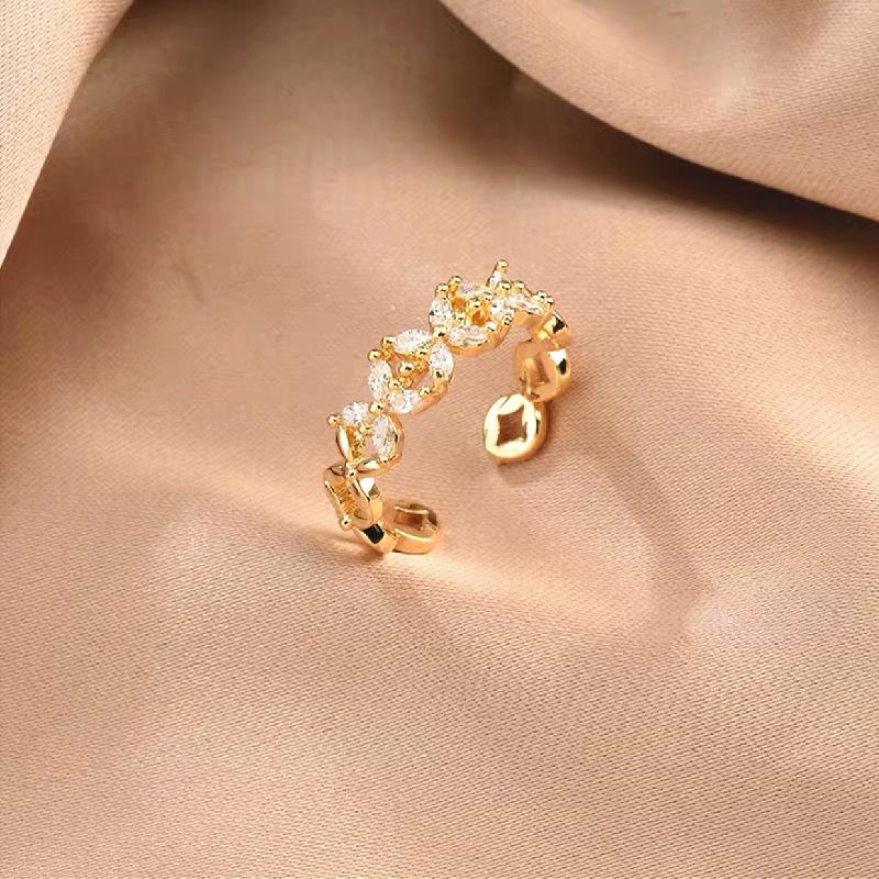 Women's Real Gold Plated Copper Zircon Inlaid Open Ring - Trendy Niche Design, Light Luxury, High-End Cold Style