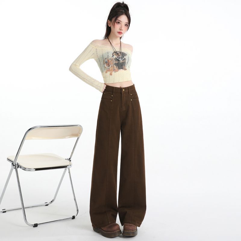 Brown Wide Leg Women's Jeans Y2K Grunge Style Low Rise Baggy Denim Pants Vintage Retro Casual Streetwear Korean Fashion Trousers