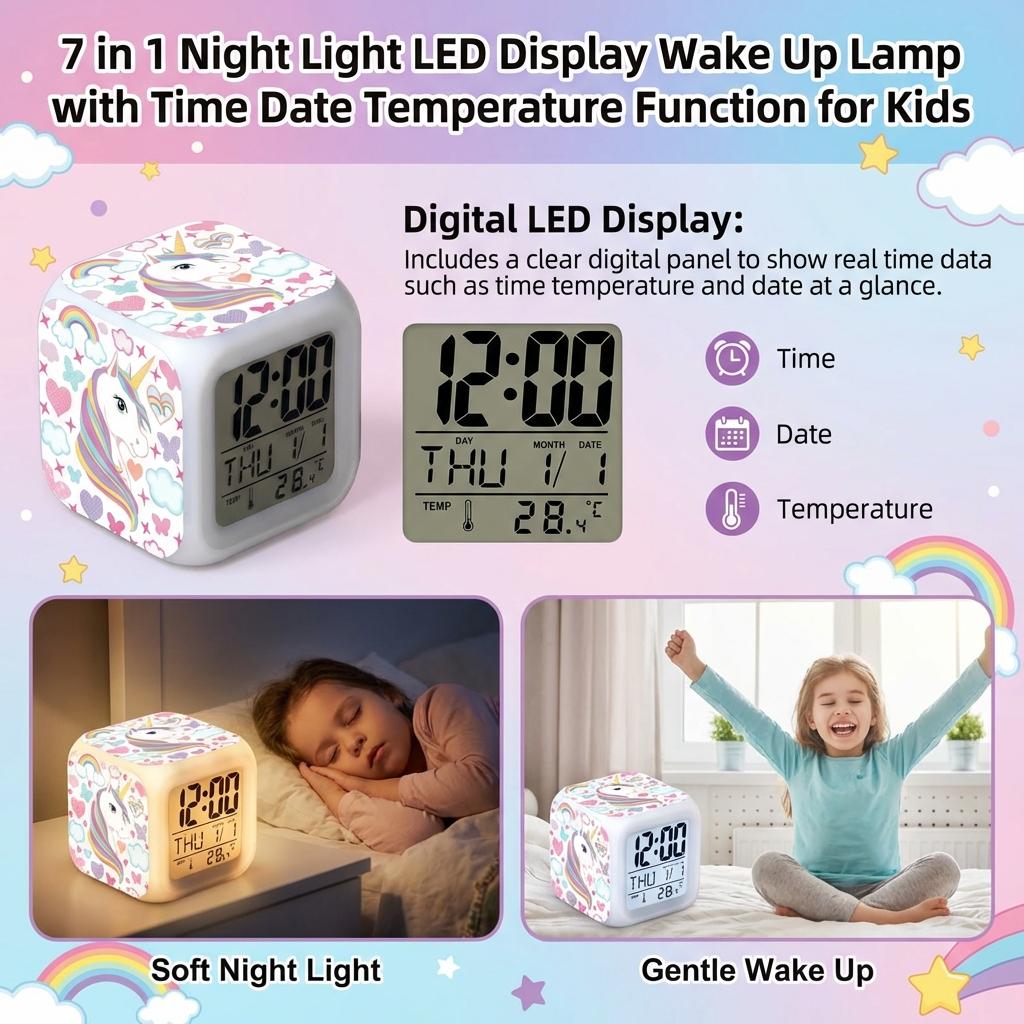 Kids Alarm Clock 7 In 1 LED Night Light with Wake Up Function Display Time Date Temperature USB Powered Color Changing Lamp
