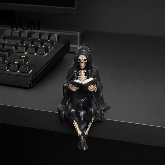 Sensenmann Statue Halloween Lesen Buch Skelett Figur, Gruselige Teufel Harz Skulptur, Gothic Dekoration Schwarzer Umhang für Zuhause Büro Bücherregal