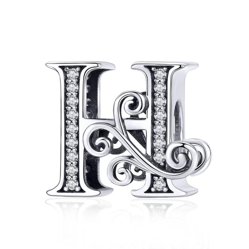 BAMOER Classic 925 Silver Letter Vintage A to Z 26 Letter Charms Openwork CZ Alphabet Beads Fit Charm Bracelet BSC030