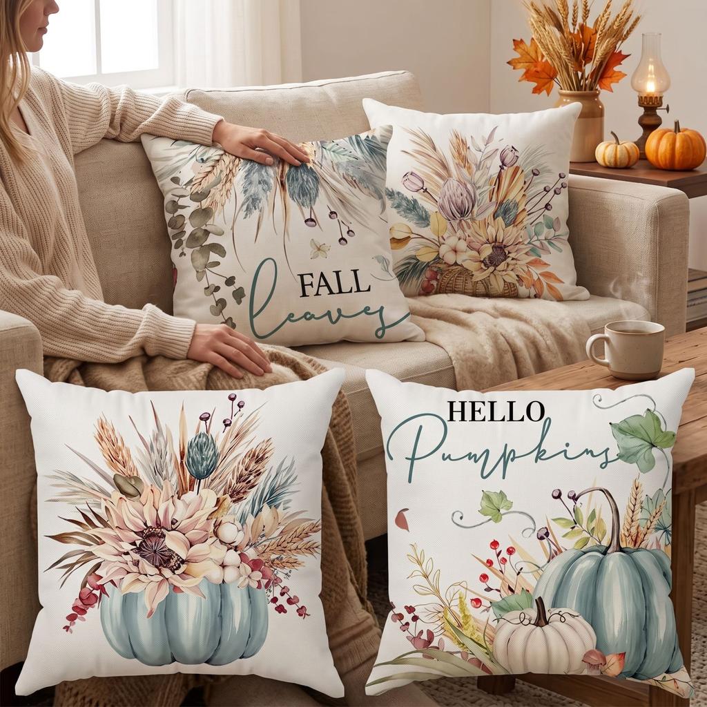 4 Pack Fall Thanksgiving Throw Covers with Pumpkin and Maple Leaf Print for Sofa Couch Decor