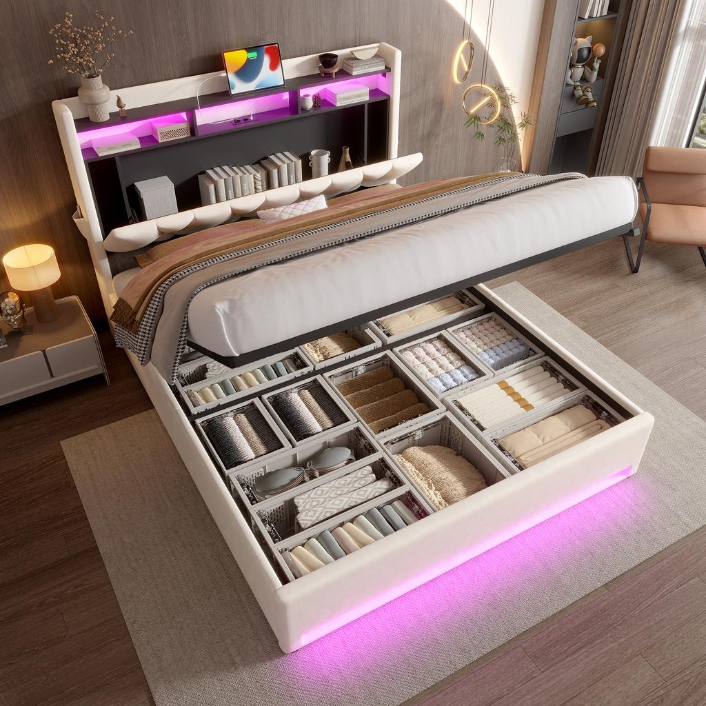140 x 200cm Upholstered Bed Frame with LED Lighting, USB Type-C Charging and Under-Bed Storage, Hydraulic Storage Bed Frame, Beige, No Mattress