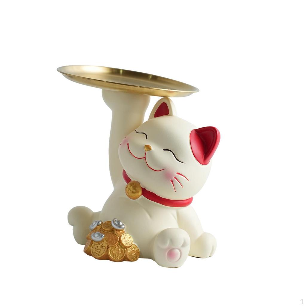 Welcoming Cat Statue Candy Dish Decorative Figurine with Tray Tabletop Fortune for