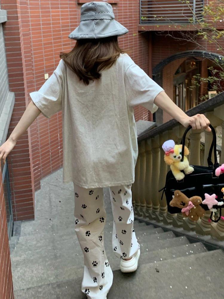 

2025 Spring/Summer Women s Cute Dog Paw Print Wide-Leg Pants - Petite, Loose, White, Casual Small белый