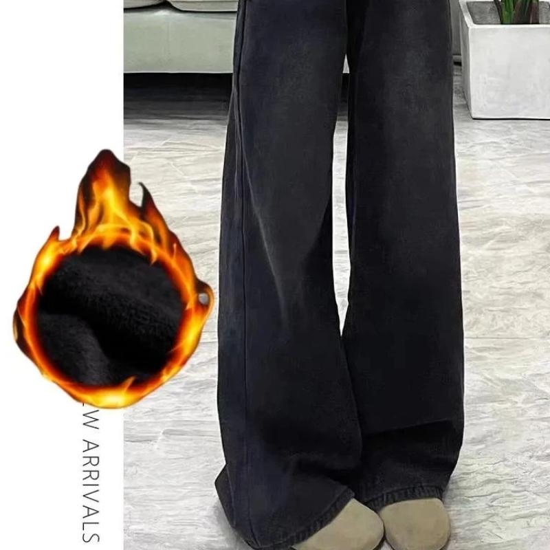 Womens Jeans Y2k Jeans Flared Trousers Black Gray Straight Leg Winter Warm Fleece Lined Loose Fit High Waist Wide Leg Fashion