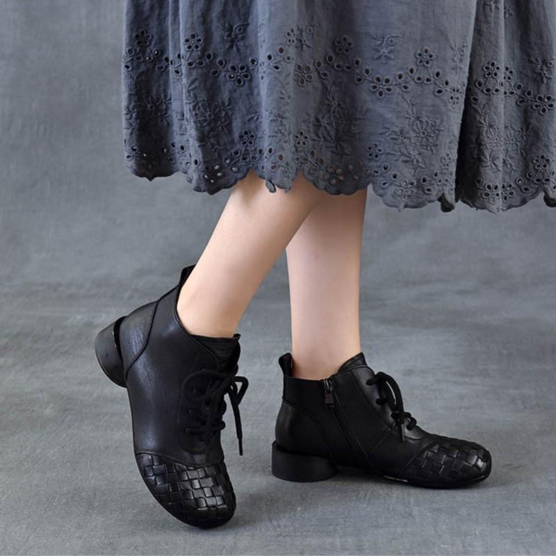 Johnature Genuine Leather Hand Woven Thick Heel Ankle Boots Retro Soft Sole Versatile Women's Shoes