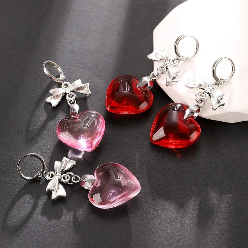 Sweet Cool Bowknot Earings Glass Love Heart Dangle Earrings Pendant Ear Rings Jewelry Punk Accessory for Women and Girls