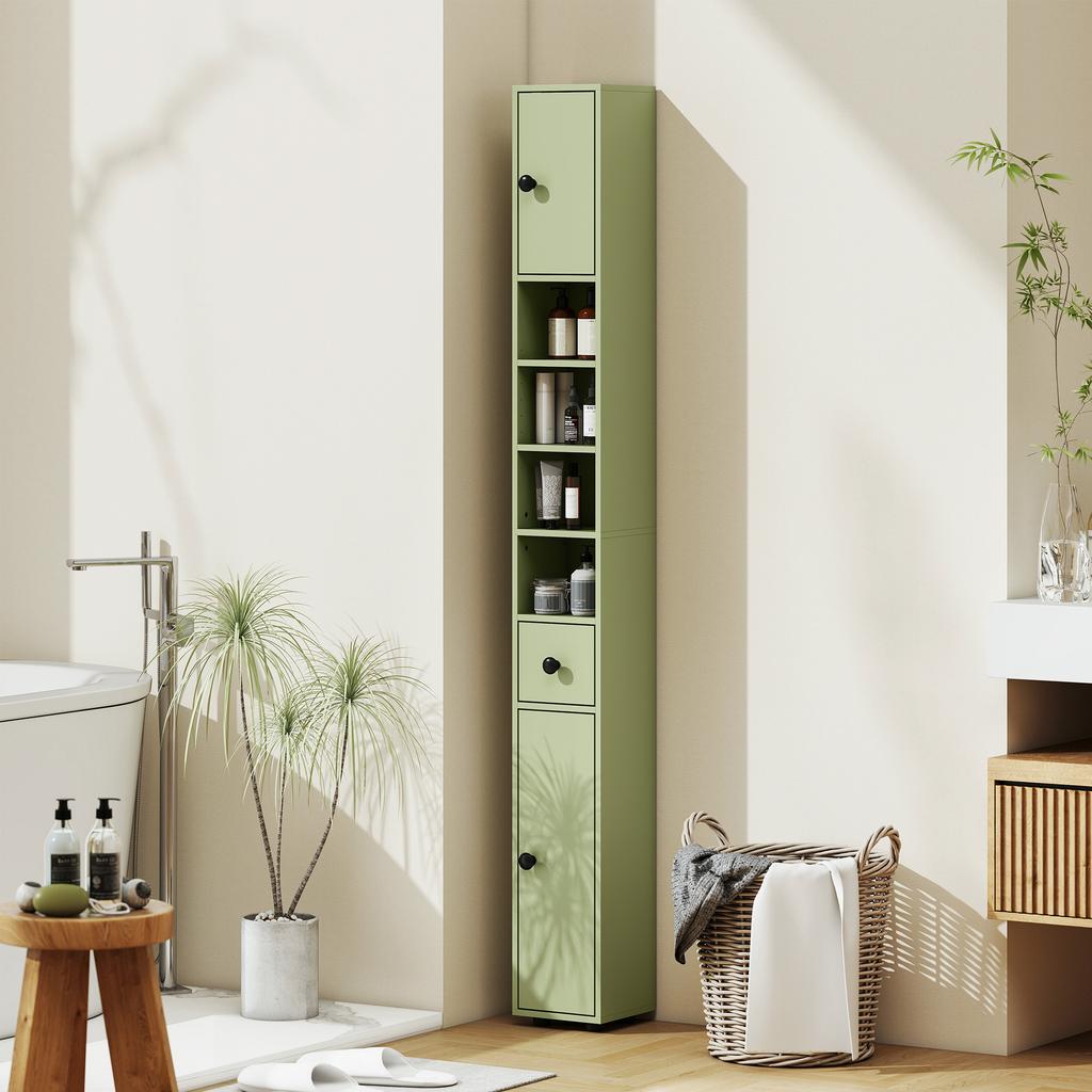 Tall Bathroom Storage Cabinet, 1 Drawer, 4 Shelves, 2 Cupboards, 20 x 20 x 180 cm, Green